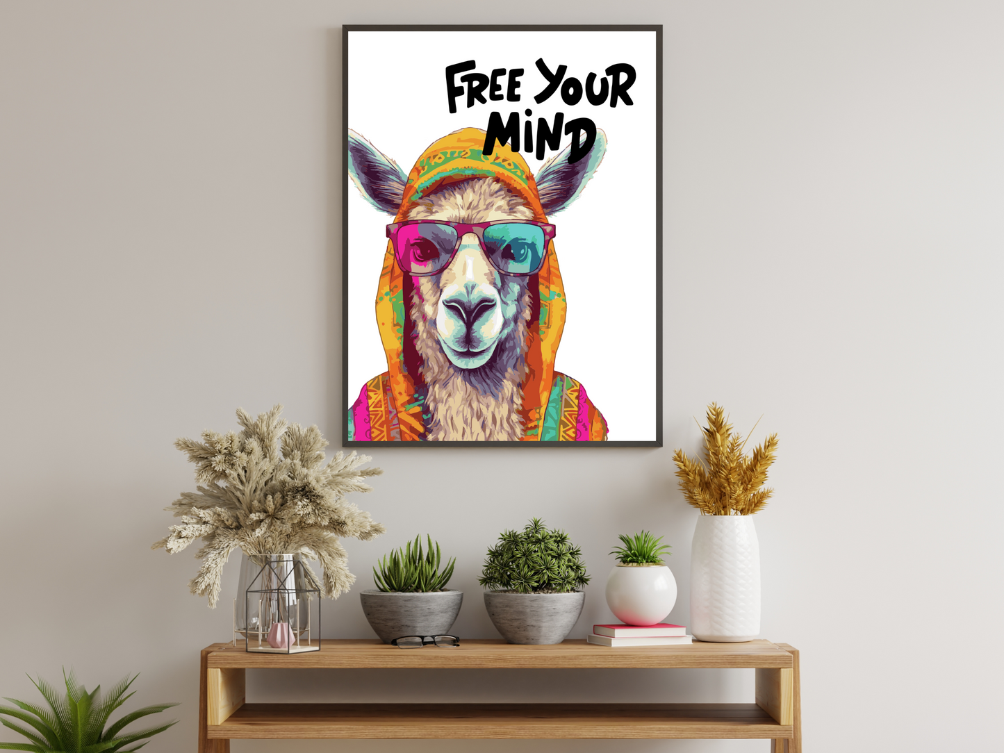 Free Your Mind" Llama in Sunglasses: Colorful Boho Chic Hipster Animal Poster