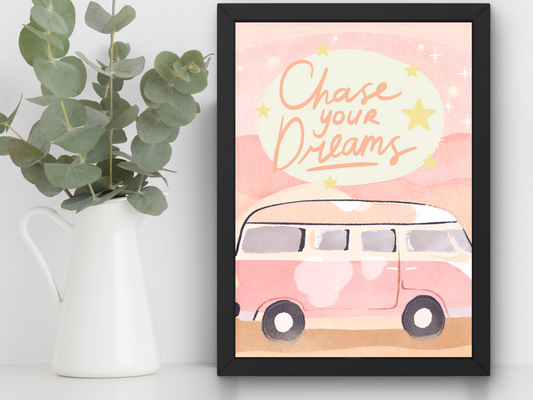 Inspirational Quote Wall Art, Vintage Pink Bus Print, Chase Your Dreams Poster