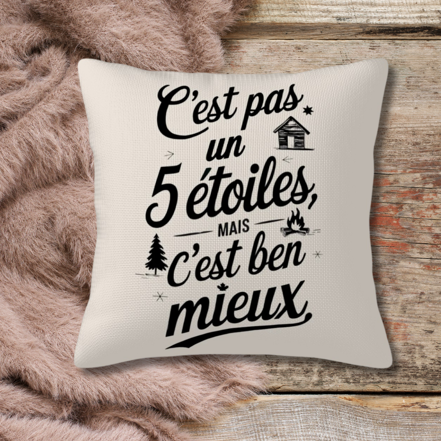 Coussin décoratif chalet rustique C'est pas un 5 étoiles