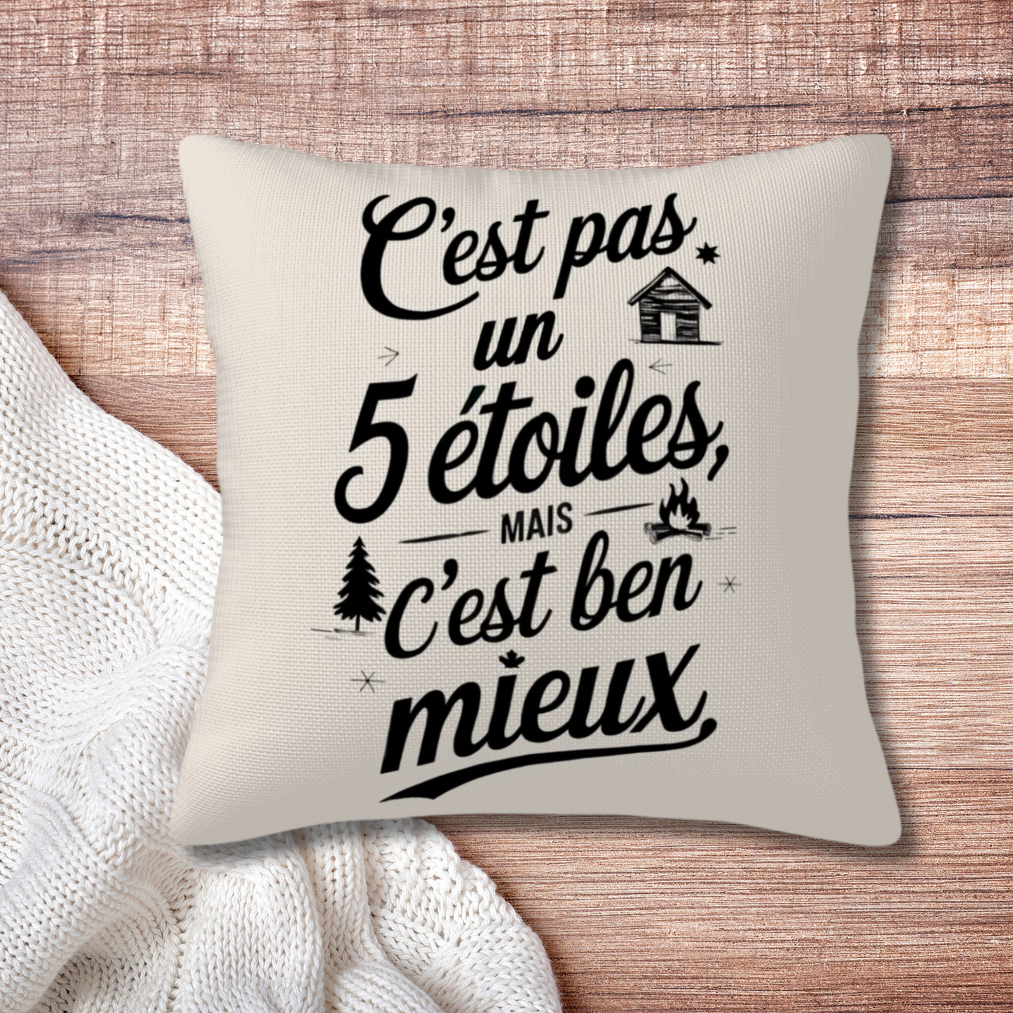 Coussin décoratif chalet rustique C'est pas un 5 étoiles