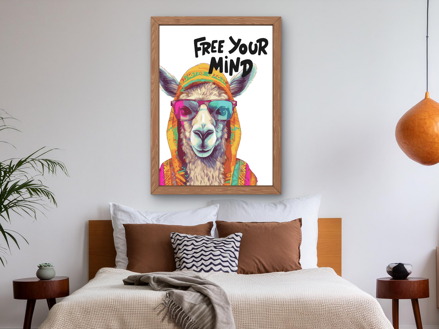 Free Your Mind" Llama in Sunglasses: Colorful Boho Chic Hipster Animal Poster