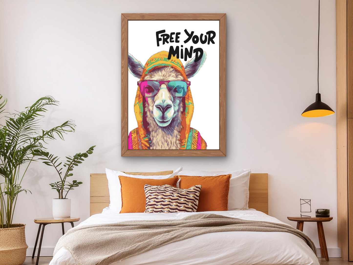 Free Your Mind" Llama in Sunglasses: Colorful Boho Chic Hipster Animal Poster