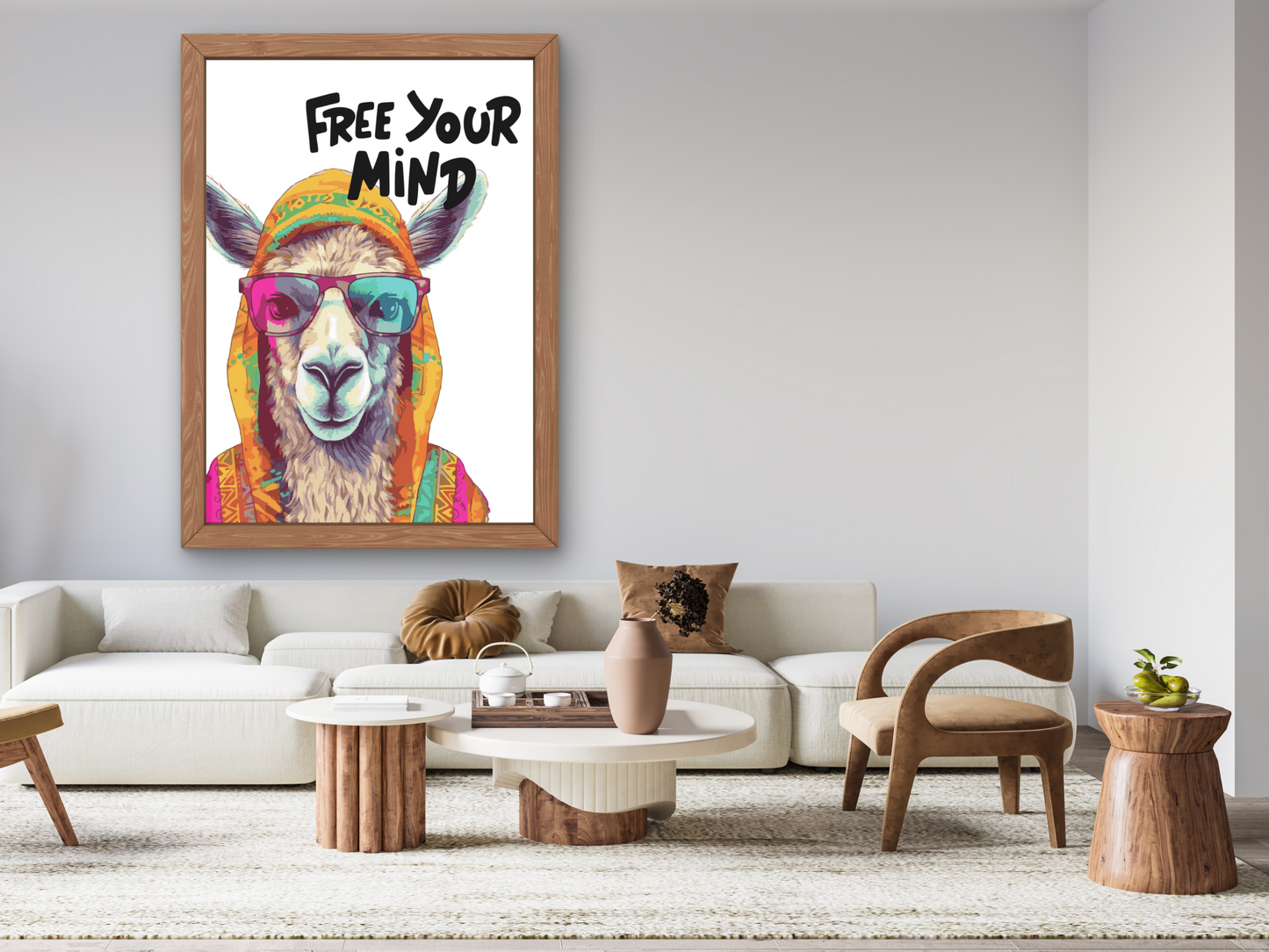 Free Your Mind" Llama in Sunglasses: Colorful Boho Chic Hipster Animal Poster