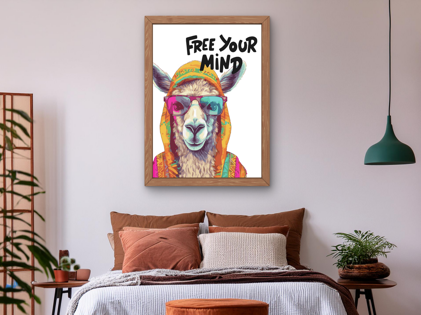 Free Your Mind" Llama in Sunglasses: Colorful Boho Chic Hipster Animal Poster