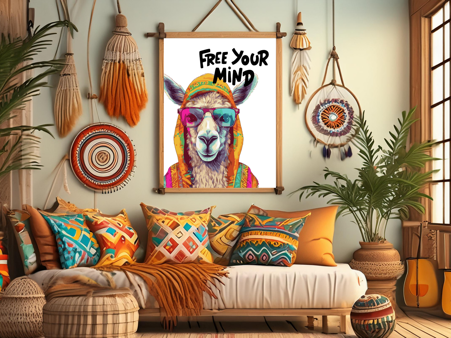 Free Your Mind" Llama in Sunglasses: Colorful Boho Chic Hipster Animal Poster