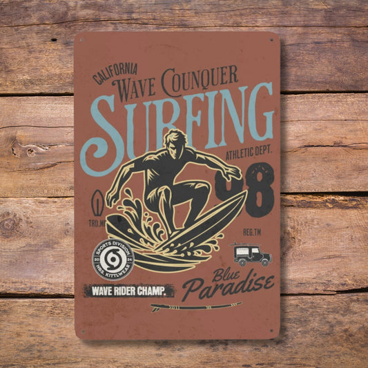 Vintage Surfing Tin Sign Wall Art for Teen Bedroom Surfer Room Decor