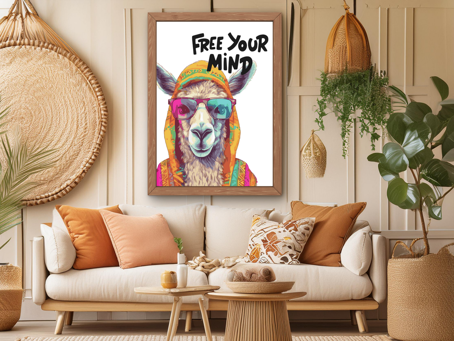 Free Your Mind" Llama in Sunglasses: Colorful Boho Chic Hipster Animal Poster