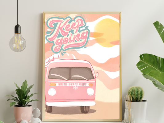 Inspirational Vintage Van Keep Going Quote, Retro Wall Art, Sunset Travel Boho Decor