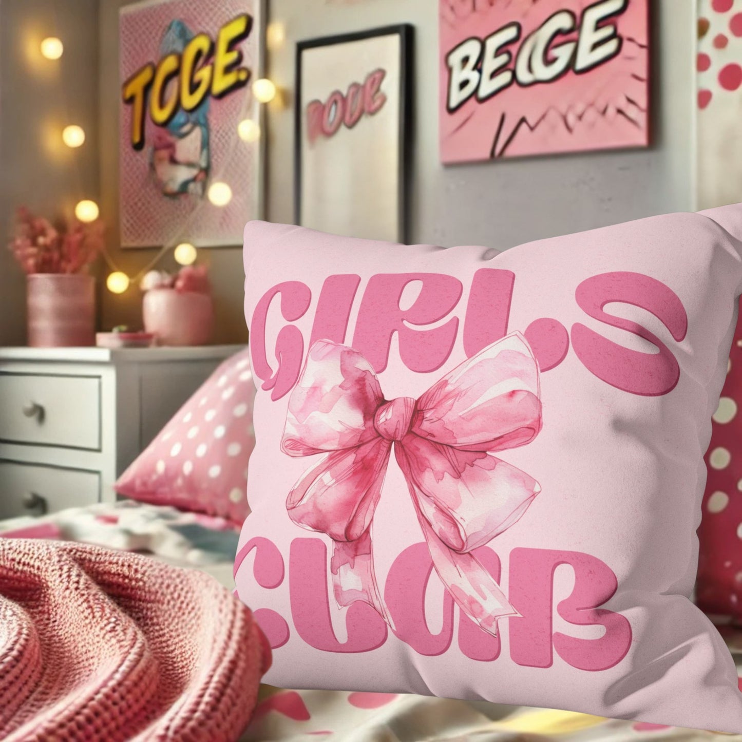 Set of 2 Coquette Girls Club Pillow, Pink Bow double sided Throw Pillow