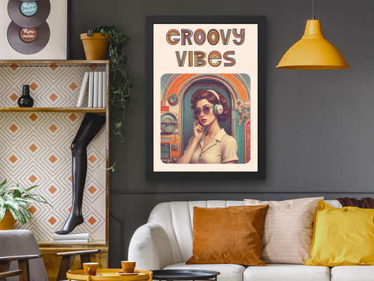 Fille d’inspiration vintage avec écouteurs Wall Art, affiche rétro Groovy Vibes, décor d’impression numérique, œuvre d’art de style moderne du milieu du siècle, Jukebox