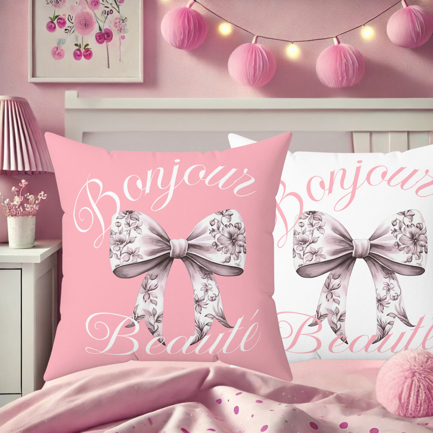 Set of 2 French chic bow pillow decorative cushion cover pink floral toile chinoiserie