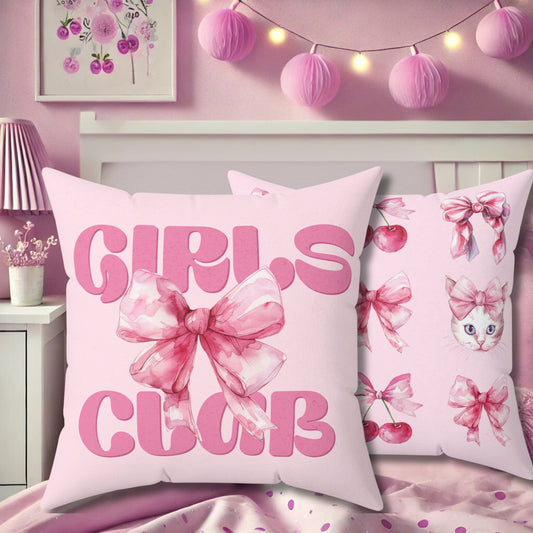 Set of 2 Coquette Girls Club Pillow, Pink Bow double sided Throw Pillow