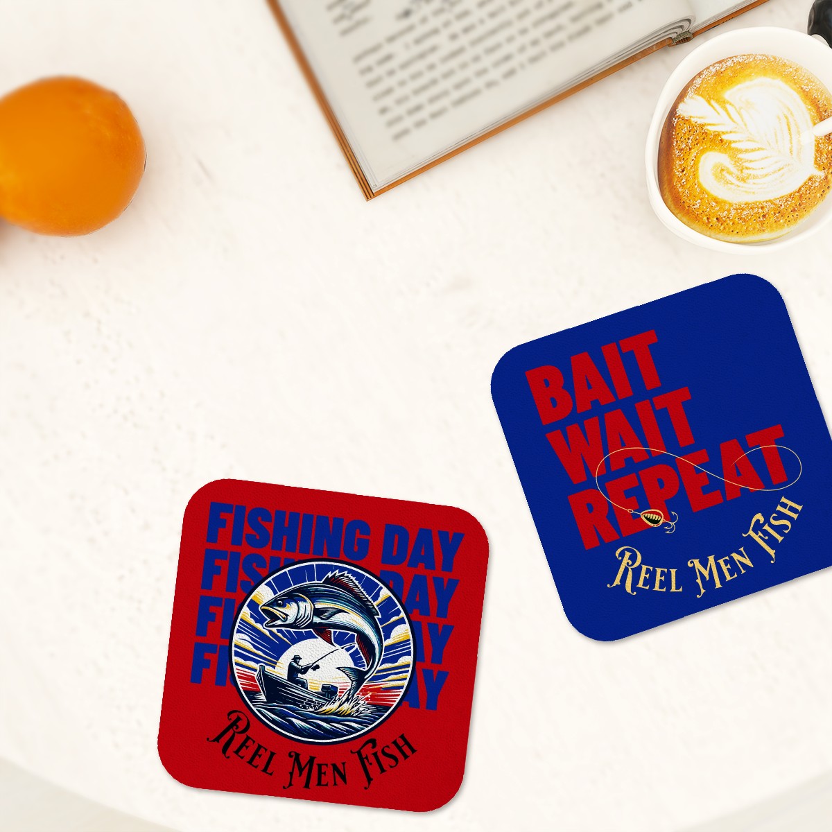 Fishing Coaster Set of 6 Leather Drink Coasters Funny Man Cave Bar Decor