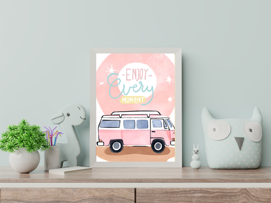 Vintage Camper Wall Art, Enjoy Every Moment, Retro Van Print