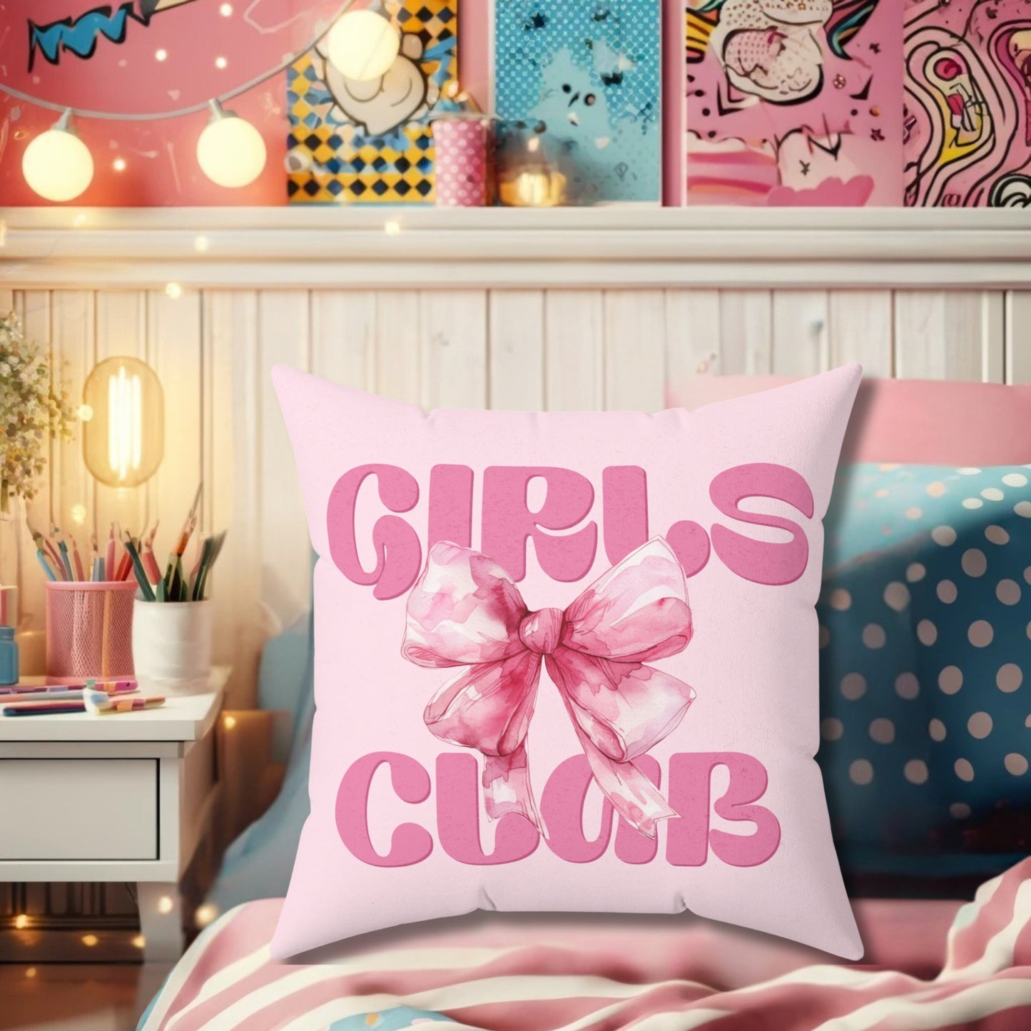 Set of 2 Coquette Girls Club Pillow, Pink Bow double sided Throw Pillow