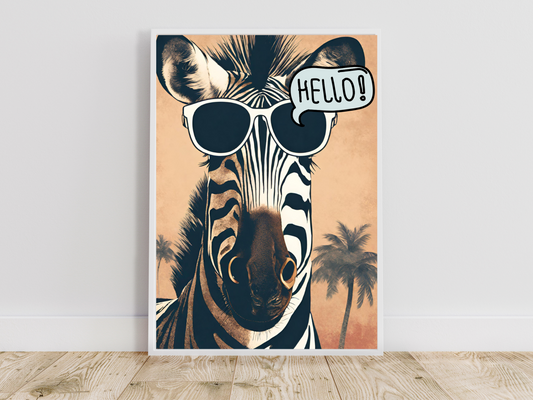 Art mural zèbre vintage, impression numérique avec lunettes de soleil, décor animalier original, rétro, salutation Safari Hello, accent unique pour la maison, Pop Art