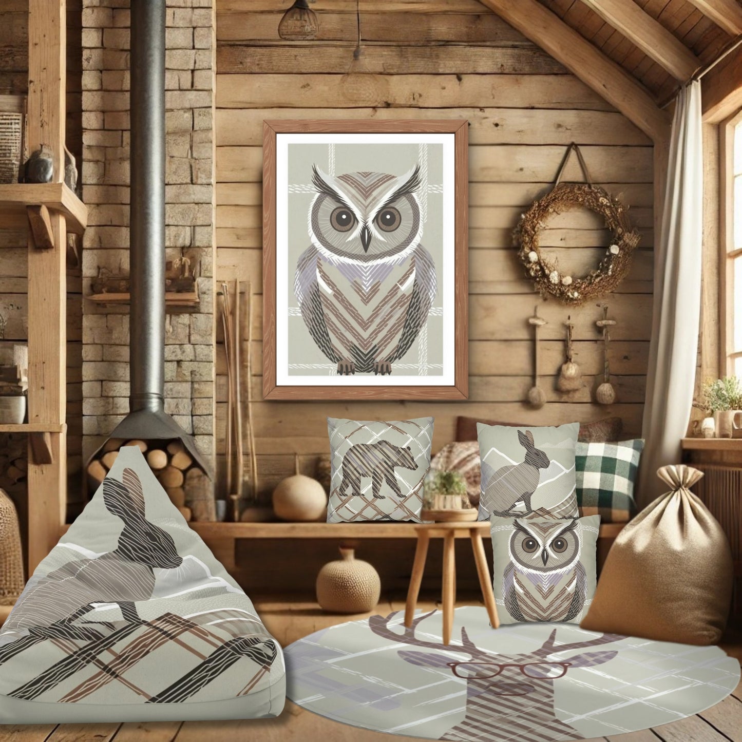 Owl Art Large Poster, Rustic Chic Pantone Brown Mousse color Nature Wildlife Print