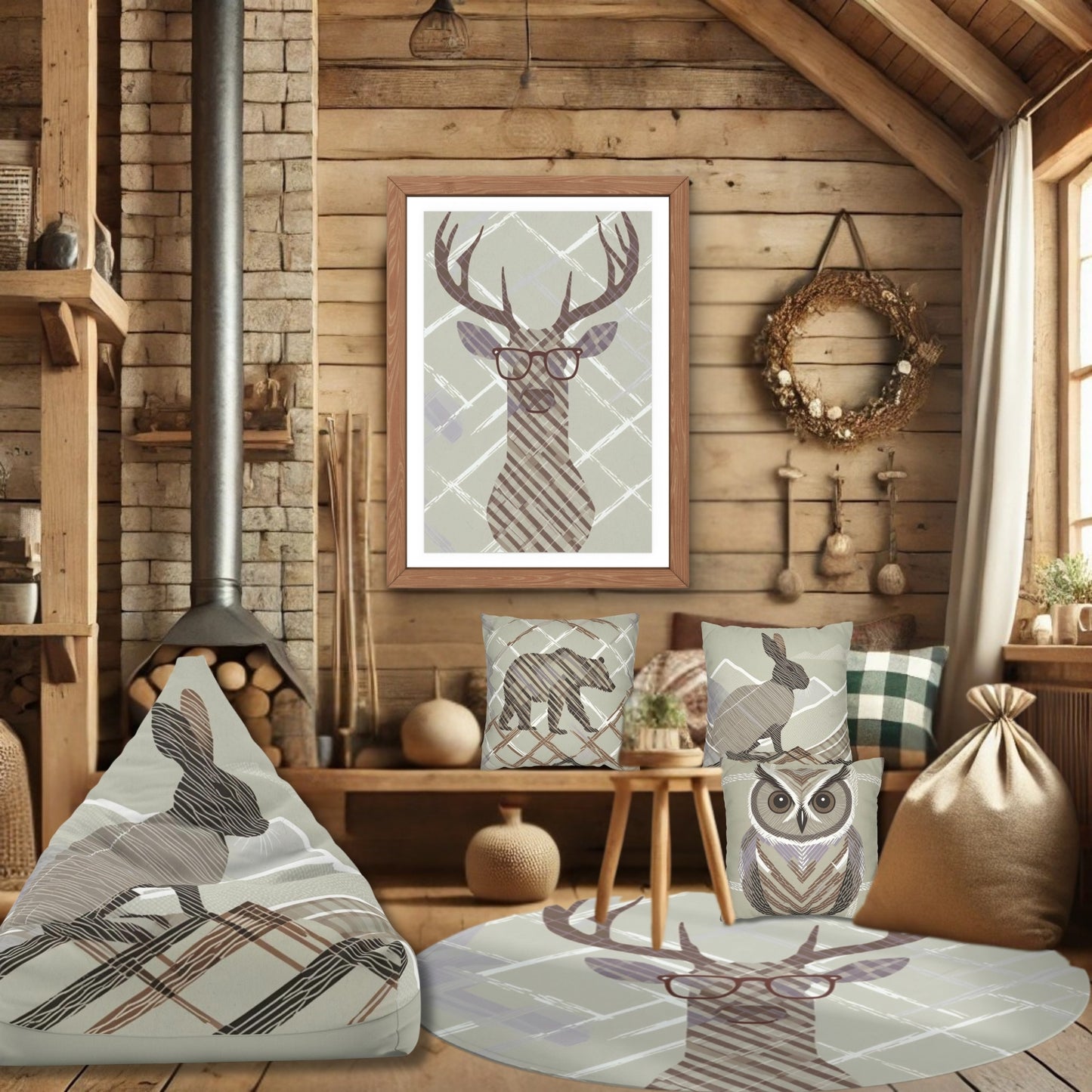 Rustic Plaid Deer Wall Art Chocolate Mousse Pantone Poster Modern Cabin Decor