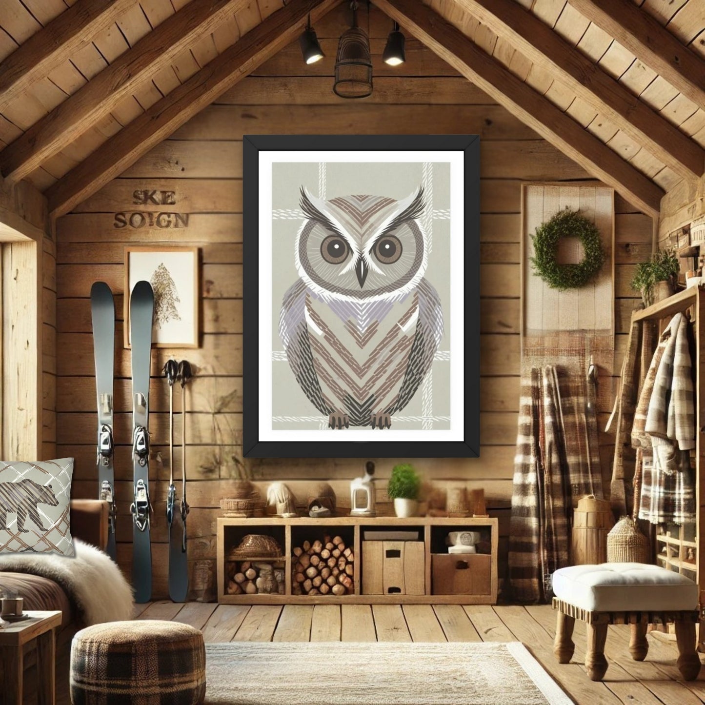 Owl Art Large Poster, Rustic Chic Pantone Brown Mousse color Nature Wildlife Print