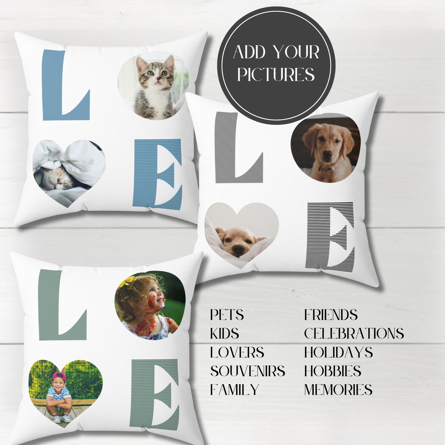 Personalized LOVE pillow, Custom photo pillows with pets or kids