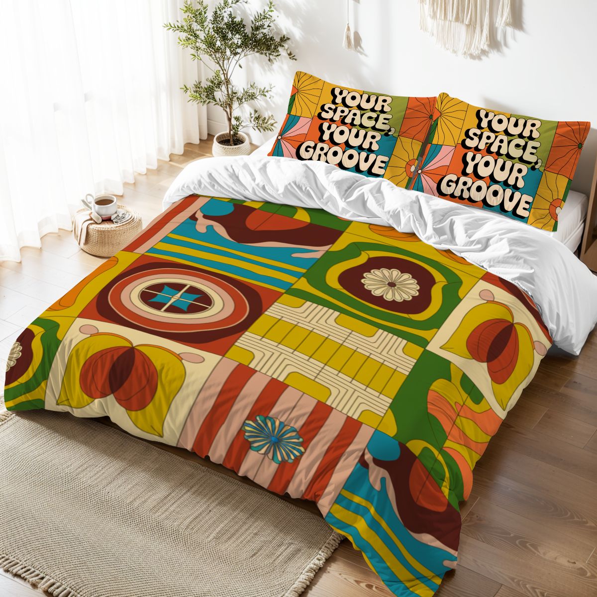 Retro Groovy Bedding Set 70s Aesthetic Queen Duvet Cover Boho Colorful Bed Set with Funky Pillowcases