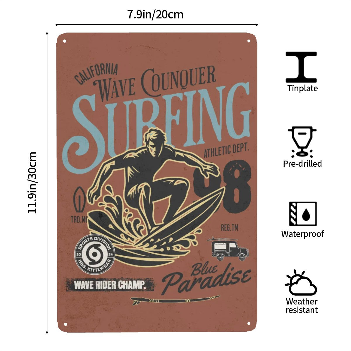 Vintage Surfing Tin Sign Wall Art for Teen Bedroom Surfer Room Decor