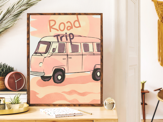 Vintage Road Trip Illustration, Retro Bus Wall Art, Sunset Travel Decor