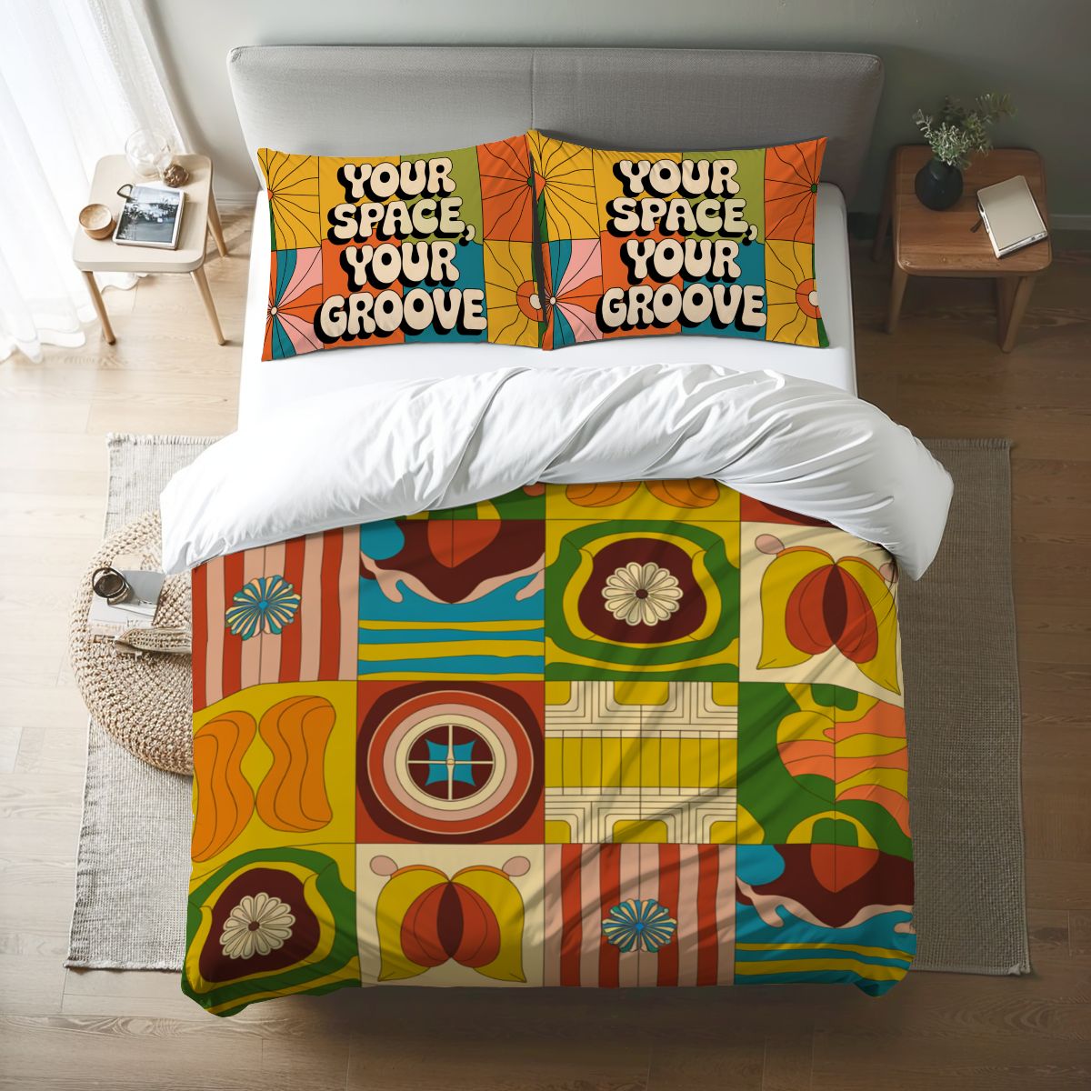 Retro Groovy Bedding Set 70s Aesthetic Queen Duvet Cover Boho Colorful Bed Set with Funky Pillowcases