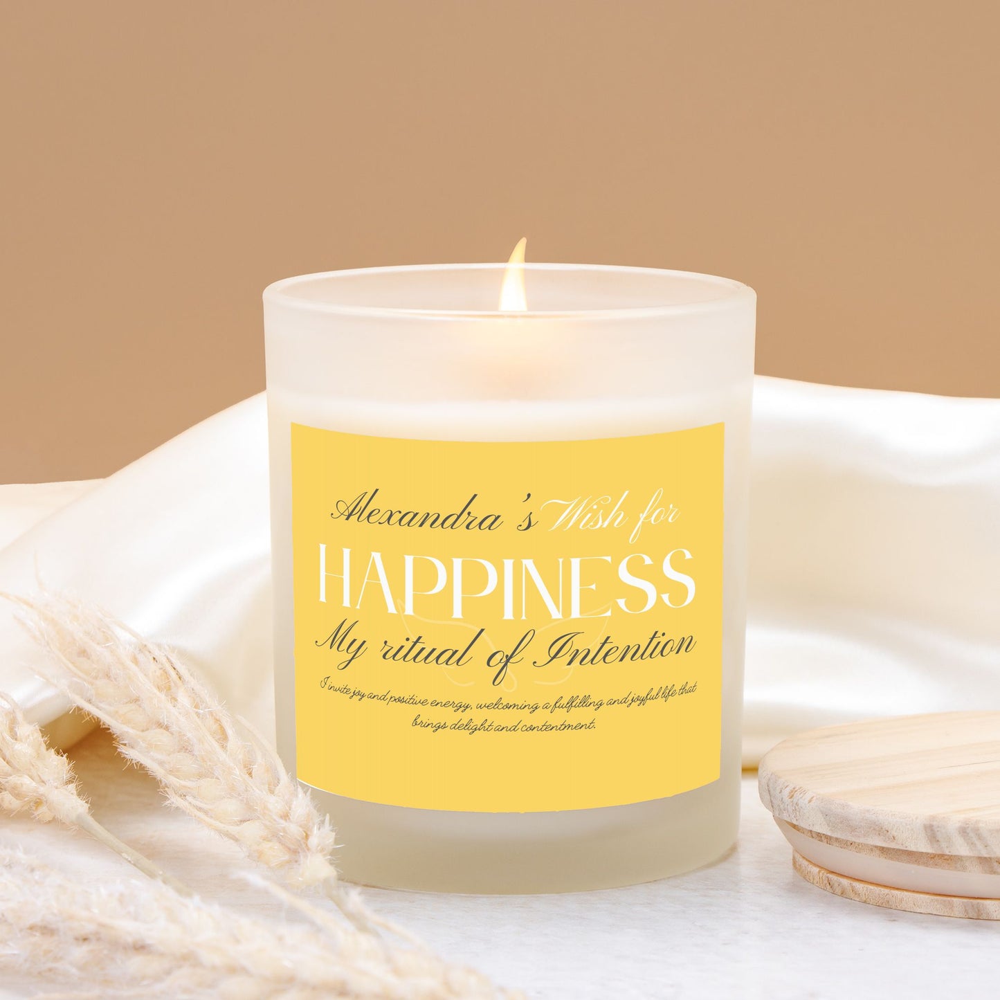 Personalized Ritual Intention Wish for more Happiness Candle, Custom Name Wishing Frosted container