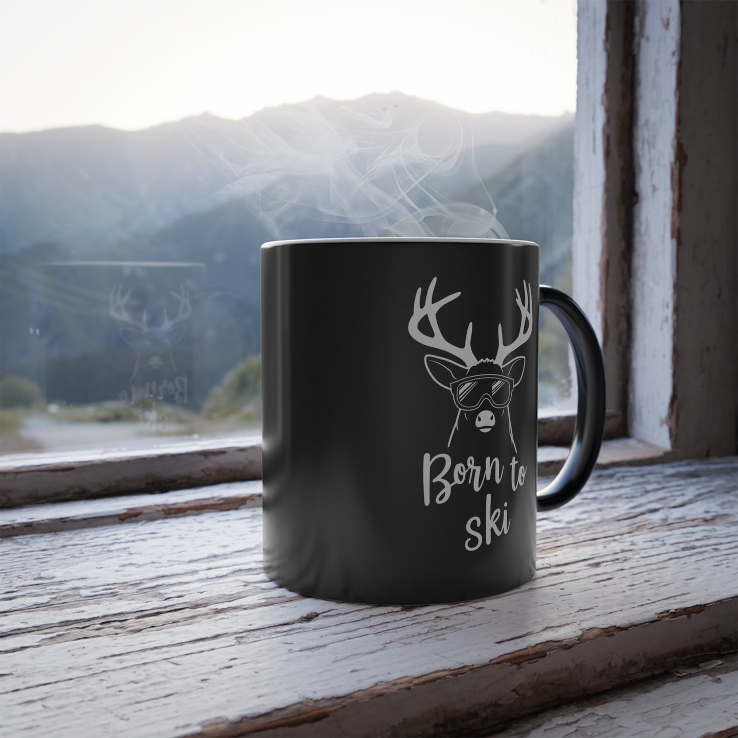 Born to Ski Magic Color-Changing Mug – Heat Sensitive, White Deer Design