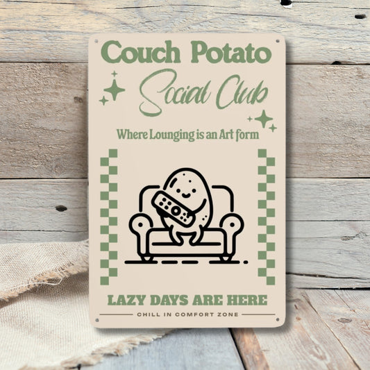 Couch Potato Tin Sign Vintage Metal Wall Art Funny Lounge Decor