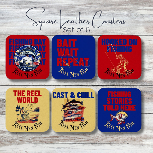 Fishing Coaster Set of 6 Leather Drink Coasters Funny Man Cave Bar Decor