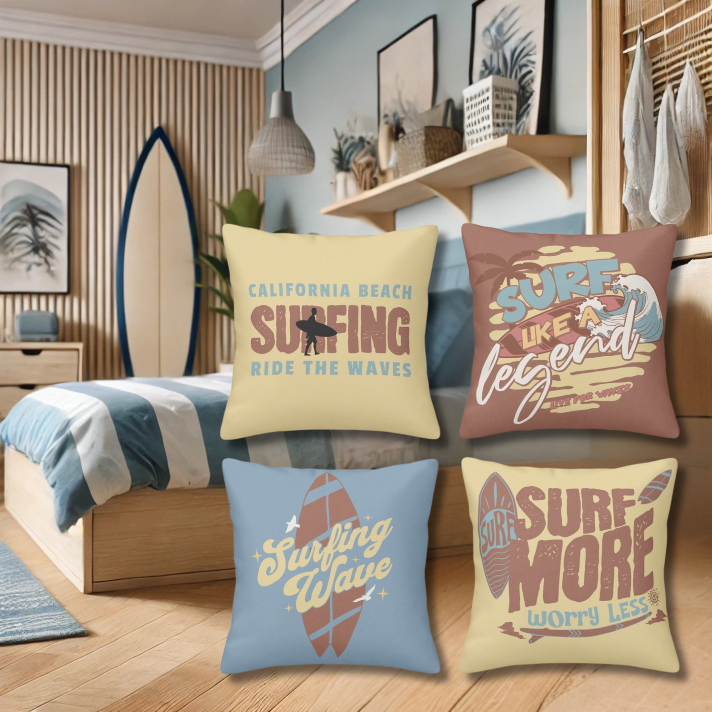 Surf Shack Pillow Set of 4 Coastal Bedroom Decor Surfer Themed Room Beach Style