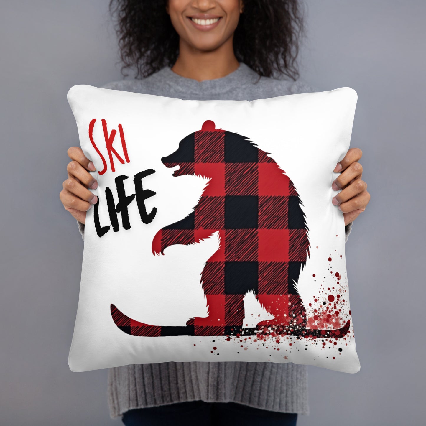 Ski Life Pillow – Cozy Plaid Bear Design for Ski Lovers, Available in 18x18 and 22x22