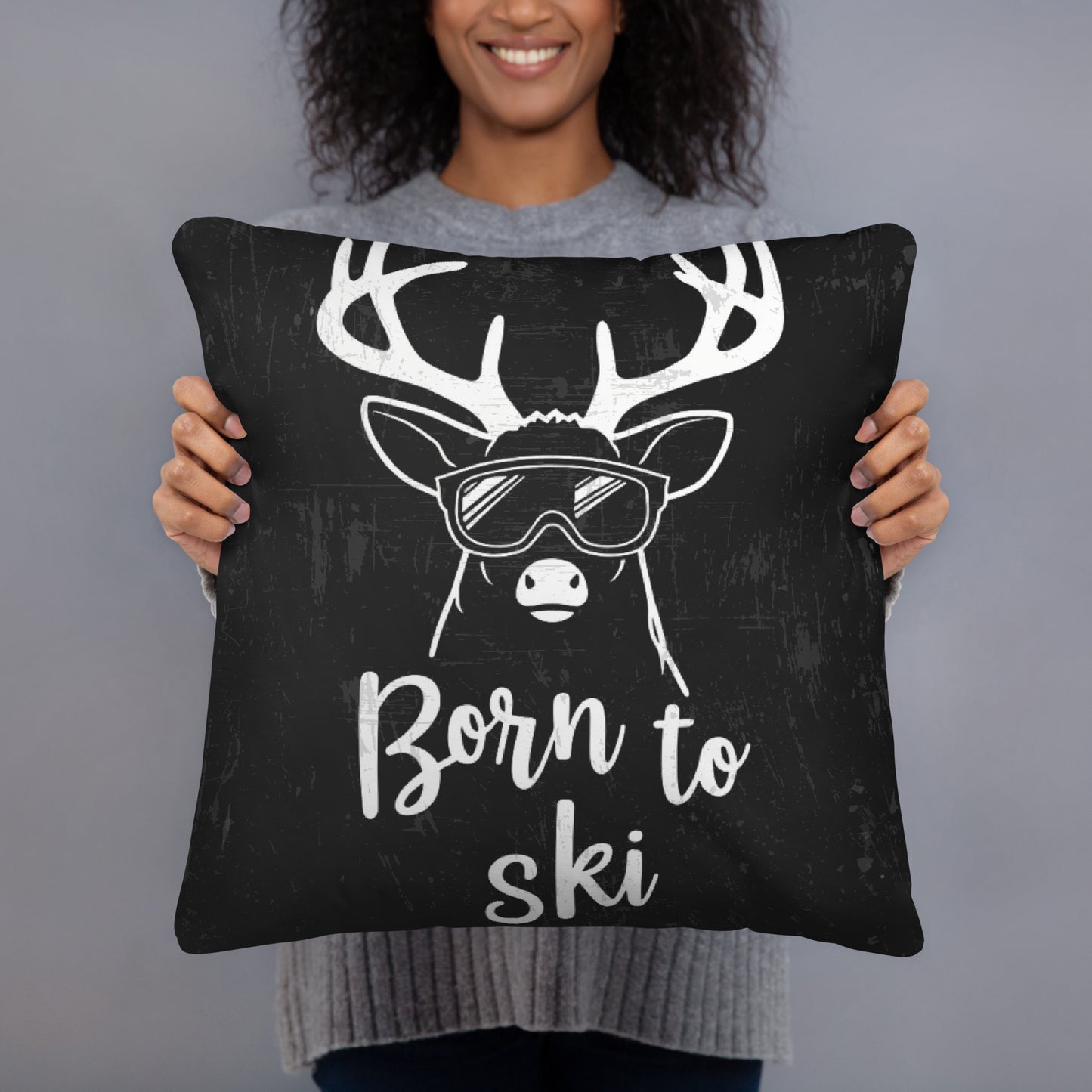 Born to Ski Large Pillow – White Deer Design on Black Background, Available in Two Sizes