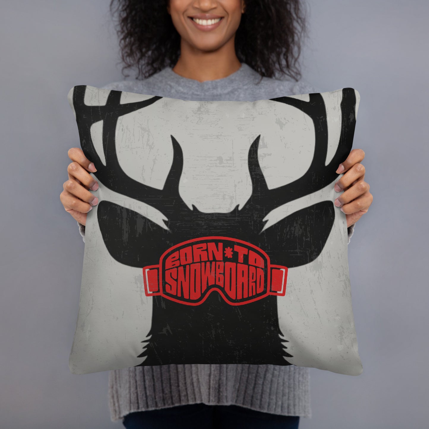 Born to Snowboard Pillow – Black Silhouette Deer with Red Ski Goggles