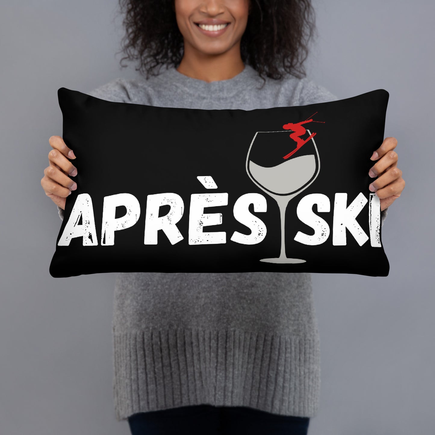 Après Ski 12x20 Black Pillow –  Wine Glass & Skier for Cozy Winter Decor