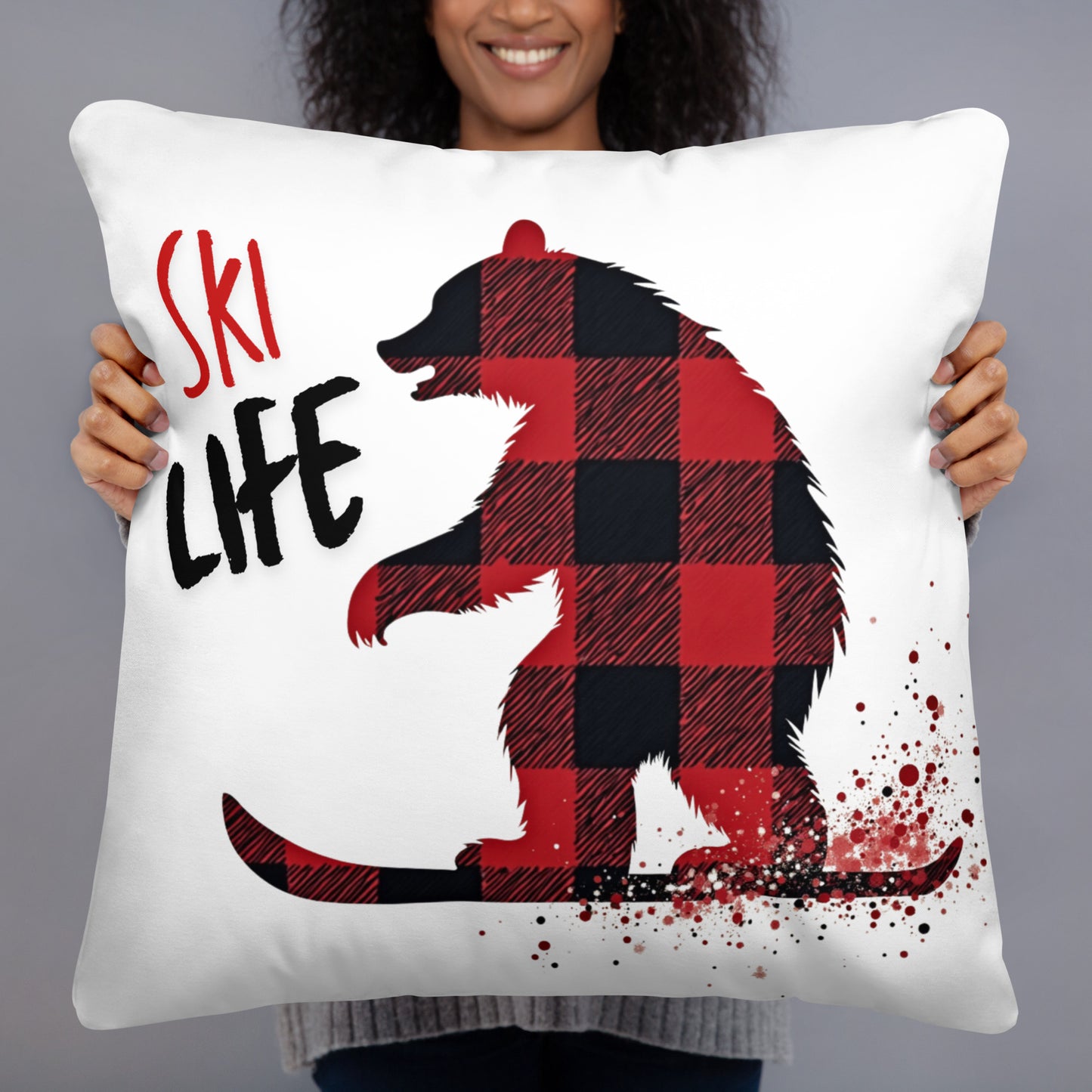 Ski Life Pillow – Cozy Plaid Bear Design for Ski Lovers, Available in 18x18 and 22x22