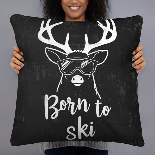 Born to Ski Large Pillow – White Deer Design on Black Background, Available in Two Sizes