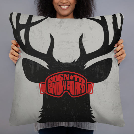 Born to Snowboard Pillow – Black Silhouette Deer with Red Ski Goggles