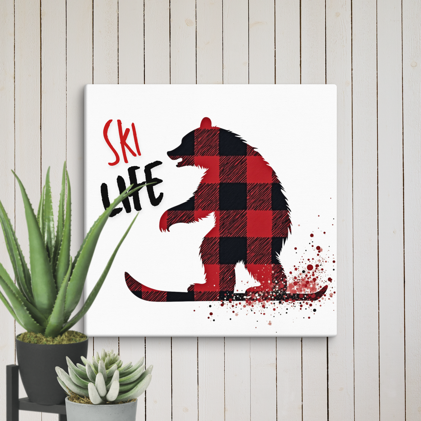 Ski Life Canvas Print – Plaid Bear Design, Perfect for Ski Lovers and Cabin Décor