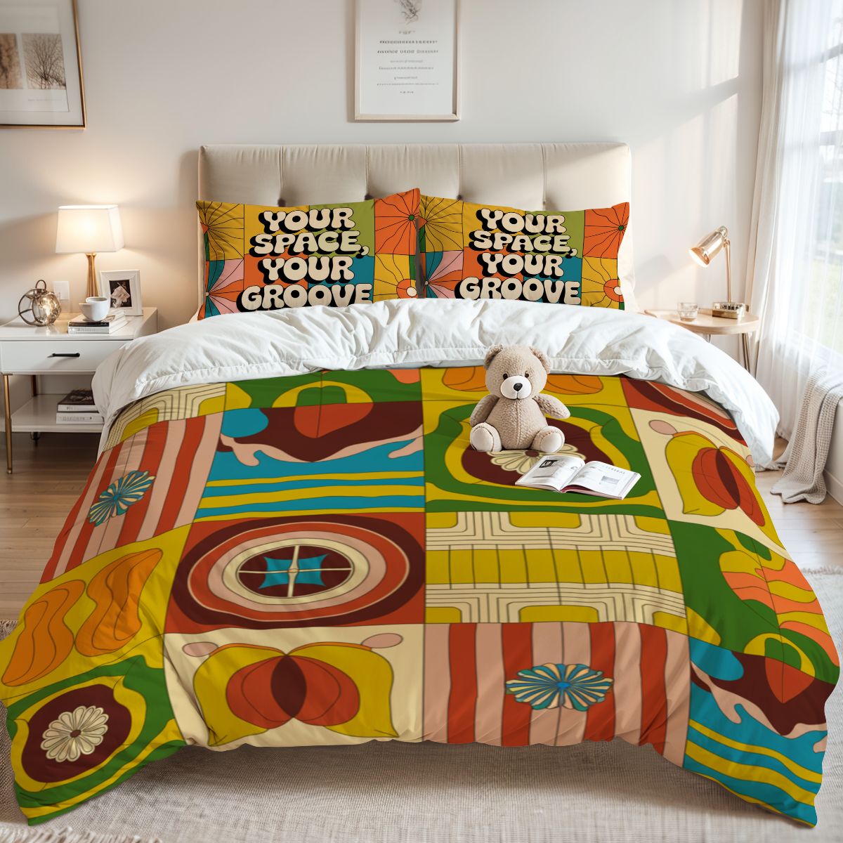 Retro Groovy Bedding Set 70s Aesthetic Queen Duvet Cover Boho Colorful Bed Set with Funky Pillowcases