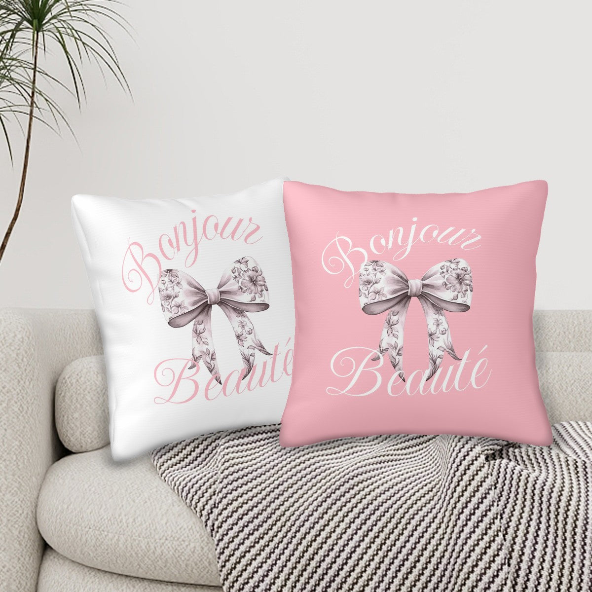 Set of 2 French chic bow pillow decorative cushion cover pink floral toile chinoiserie