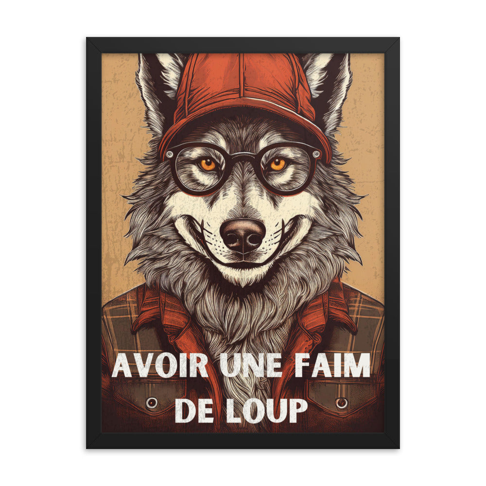 Affiche Vintage Loup – "Faim de Loup" – (Avec Cadre)