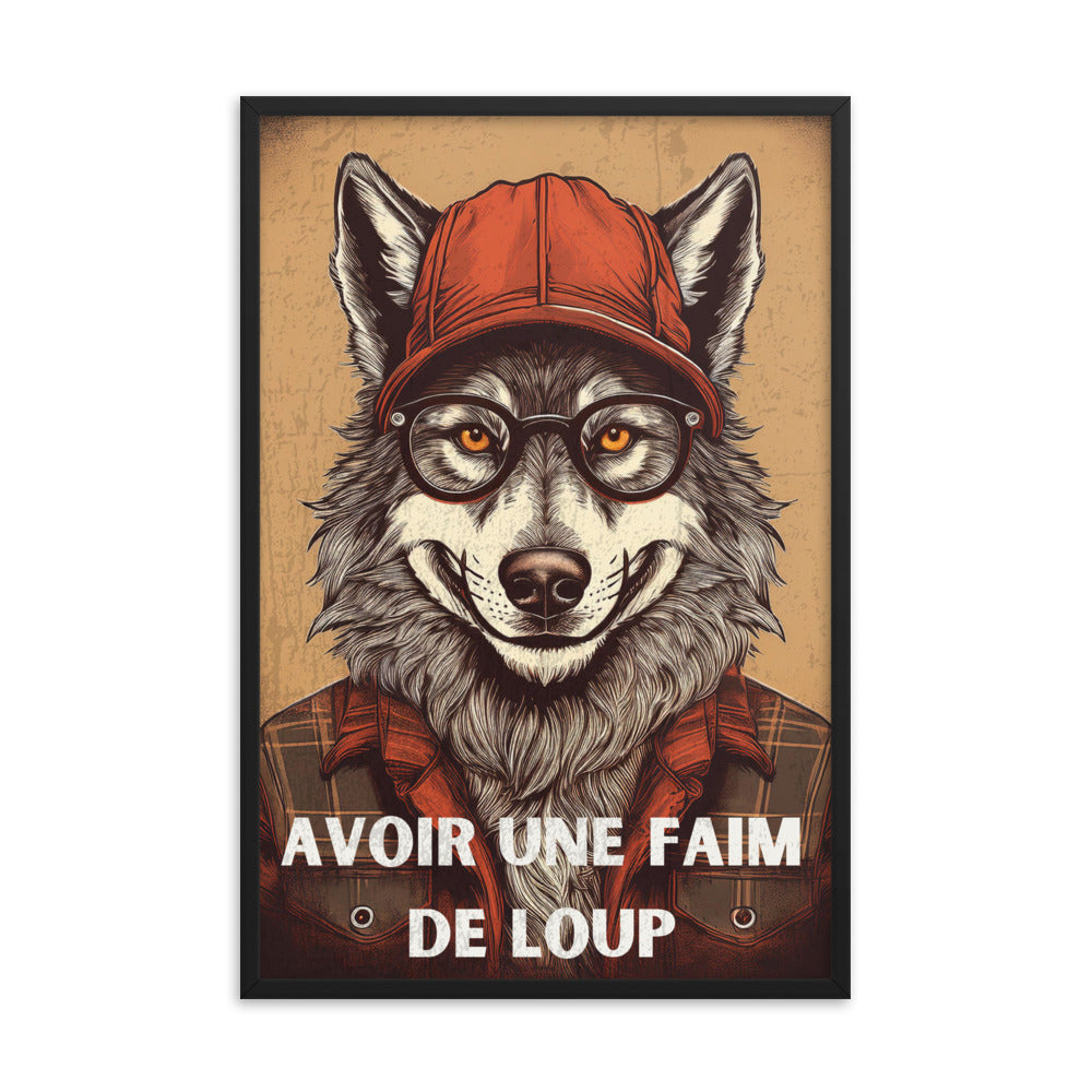 Affiche Vintage Loup – "Faim de Loup" – (Avec Cadre)