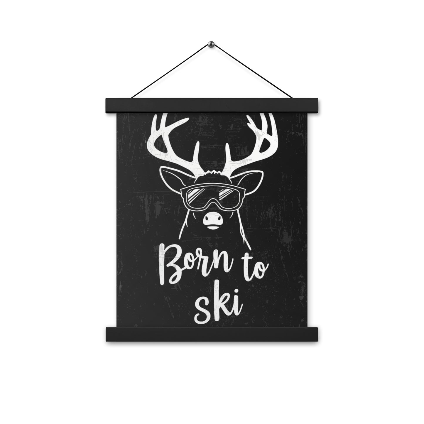 Born to Ski Poster with Wooden Hangers – White Deer Design on Black Background