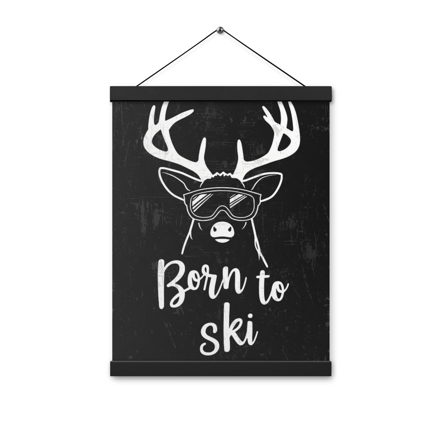 Born to Ski Poster with Wooden Hangers – White Deer Design on Black Background