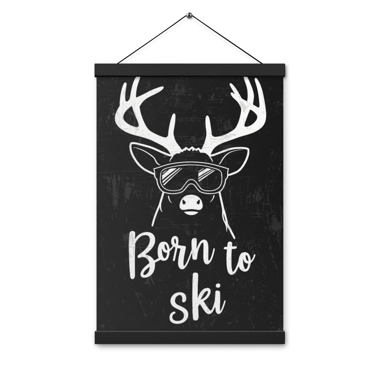 Born to Ski Poster with Wooden Hangers – White Deer Design on Black Background