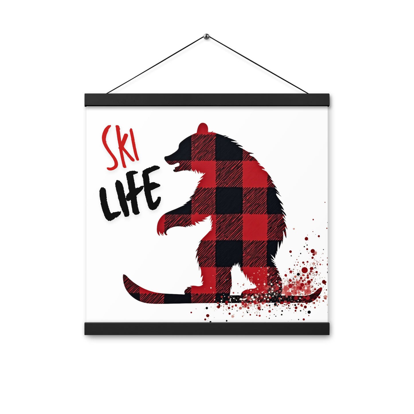 Ski Life Poster with Wooden Hangers – Plaid Bear Design, Various Sizes Available