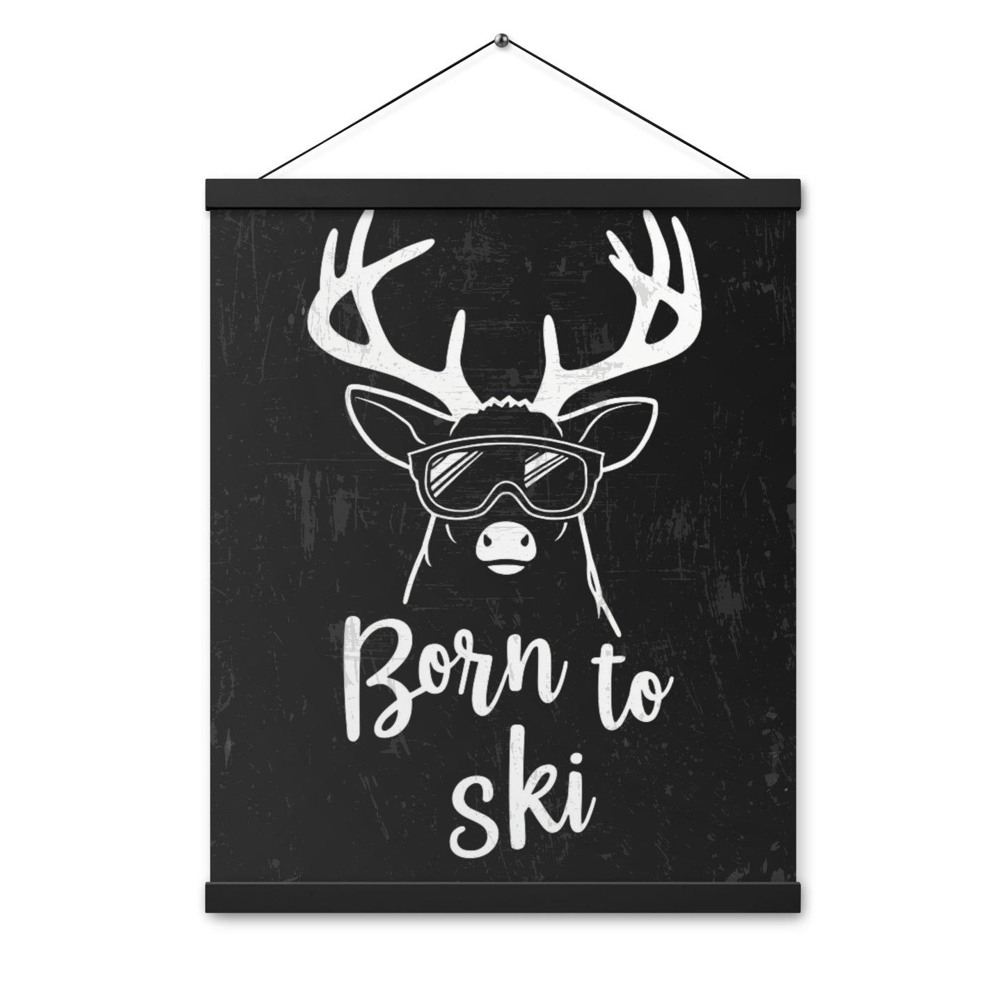 Born to Ski Poster with Wooden Hangers – White Deer Design on Black Background